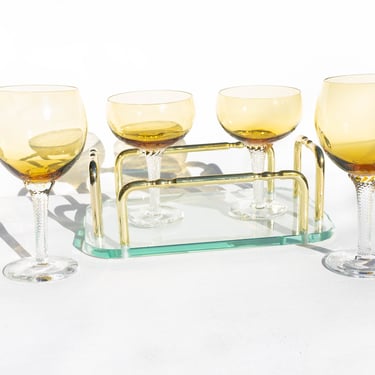 Vintage Amber Twisted Stem Wine and Champagne Coupes, Mixed Set of 4 