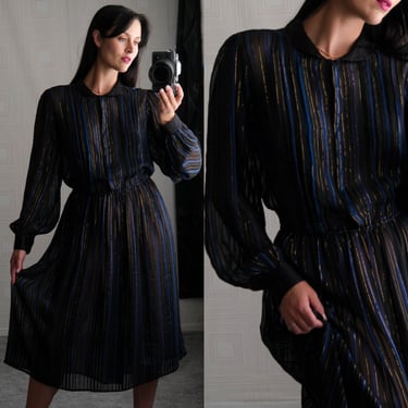 Vintage 1970's John Yang for Jack Mulqueen Glam Sheer Striped Silk Dress | 100% Silk | 1970s Designer Silk Mini Dress, Billow Sleeves 