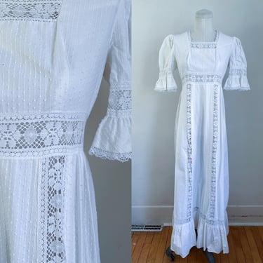 Vintage 1960s White Boho Maxi Dress / XS 