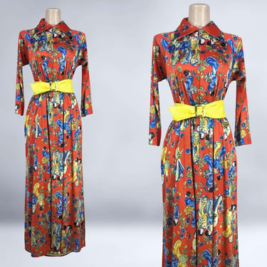 VINTAGE 70s Japanese Geisha Girl Novelty Print Kaftan Maxi Dress by Take V | 1970s Butterfly Collar Zip Front Hostess Dress Take 5 | VFG 