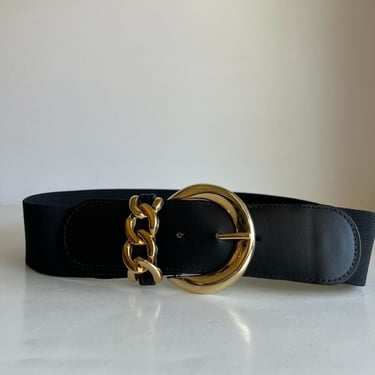 Vintage 90s Black Leather Made in the USA Chunky Gold Link Wide Belt - S 