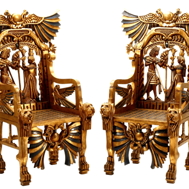 Throne Chairs, Egyptianesque, Pair, Carved Polychrome, Fancy!