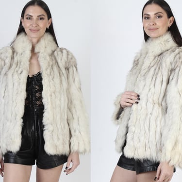 Arctic Fox Fur Jacket, Off White Shawl Collar, Striped Corded Coat, Saga Winter Winter Overcoat 