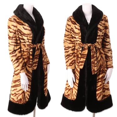 70s tiger print faux fur penny lane coat M, vintage 1970s YOUTHCRAFT plush fur tie coat, 60s leopard animal print jacket S/M 