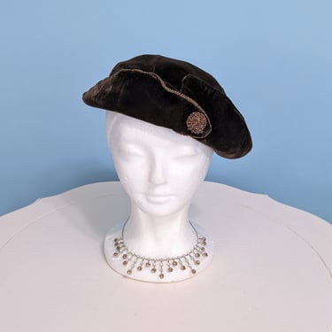 Vintage 1950s Brown Velvet Brimmed Hat, Vintage 50s Beaded Evening Party Hat 