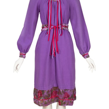 Anastasia Paris 1970s Vintage Purple Cotton Floral Ribbon Trim Dress 