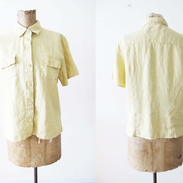 Vintage 90s Linen Shirt S - 1990s Butter Yellow Linen Short Sleeve Button Up - Harve Bernard - Thick Natural Fiber Woven Linen Blouse 