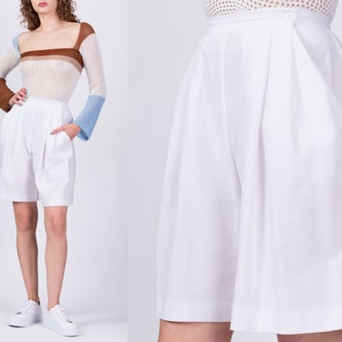 80s White High Waist Wrap Shorts - Extra Small, 25" | Vintage Casual Pleated Long Trouser Shorts 