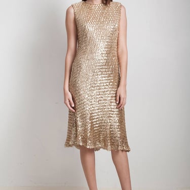 vintage 60s 1960s gold sequin mesh dress sleeveless slinky Anne Fogarty MEDIUM M 