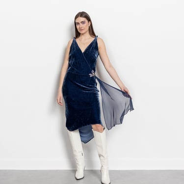 BLUE SILK VELVET Midi Dress Vintage Spring Wedding Y2K Beaded Sequin / Medium 