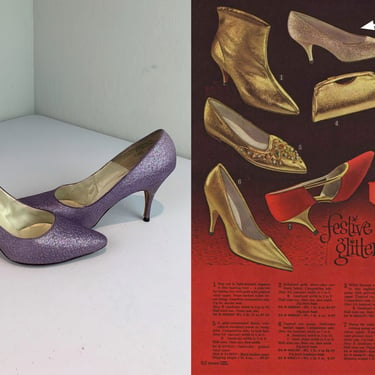 Spice Up Your Shoe Life - Vintage 1950s 1960s Lilac Lavender Purple Fabric Glitter Sparkle Heels Shoes - 7.5 
