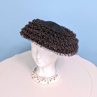 Vintage 1950s Elegant Polka Dot Tilt Hat, Vintage 50s Brown and Black Chiffon Flat Hat 