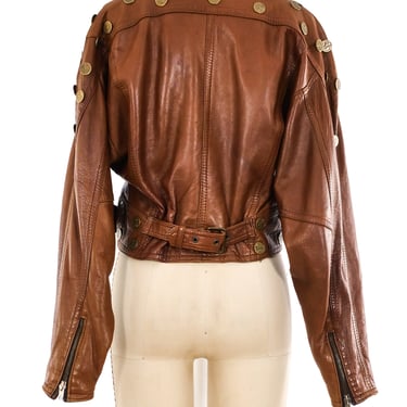 Coin Embellished Leather Motorcycle Jacket