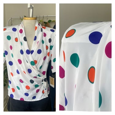 Vintage 1990s Short Sleeve Blouse | Multicolored Polka Dot Wrap Blouse with Side Buttons | Deadstock with Original Tags | Size Medium Large 