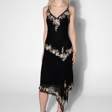 Cache Black Embroidered Silk Asymmetrical Dress