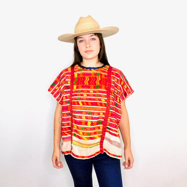 Hand Embroidered Huipil Blouse // vintage red woven boho hippie Mexican dress hippy tunic 70s 1970s 1970's 70's // O/S 