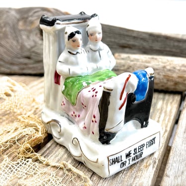 VINTAGE: Ceramic Married Couple in Bed Figurine - "Shell we sleep first or 1 Hour" - Hand Painted - SKU 36-B-00033430 