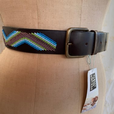 32.5-36.5" Waist Belt / Vintage Leather Beaded Belt / Statement Belt / Leather Belt / Southwest Stagewear Belt / Blue Green Purple White 