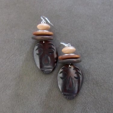 Carved African mask bone Afrocentric ethnic earrings, unique primitive earrings 