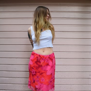 Vintage y2k pink floral midi skirt / vintage vacation skirt / vintage beach skirt / hot pink floral skirt 