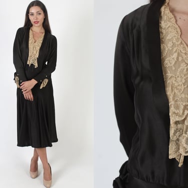 1940s Black Deco Illusion Dress, Drop Waist Roaring 20s Style Flapper Gown, Vintage 30s Waist Tie Sash, Formal Antique Evening Gown 