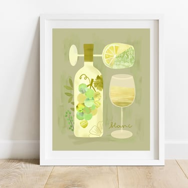 White Wine Collage 8 X 10 Art Print/ Bar Cart Cocktail Illustration/ Modern Minimalist Wine Bottle With Glasses Wall Art/ Wine Home Decor 
