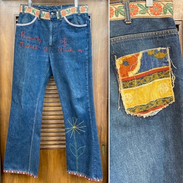 Vintage 1970’s w33 Levi’s 646 Denim Hippie Flare Boho Embroidery Jeans, 70’s Custom Clothing, Vintage Clothing 