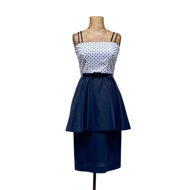 Vintage 1980s Lilli Diamond Peplum Dress, Black & White Polka Dot Sun Dress w/Spaghetti Straps and Pencil Skirt, Extra Small 34