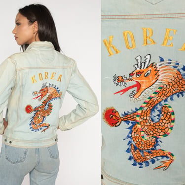 Korea Souvenir Jacket 90s Denim Embroidered Dragon Jacket Korean Sukajan Jean Jacket Light Blue Asian Travel Trucker Vintage 1990s Small 