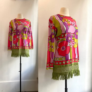 Vintage 60s Mod Mini COVER-UP Dress / Floral Abstract + FRINGE Trim / Jantzen 