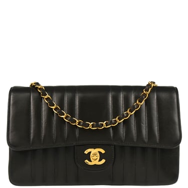 Chanel 1991-1994 Black Lambskin Vertical Stitch Single Flap Shoulder Bag