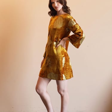 Vintage KRIZIA 1980s Gold Metallic Velvet Leaf Print Mini Dress with Bell Sleeves sz XS S M Lame 80s 70s 