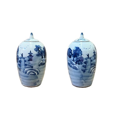 Lot of 2 Blue White Small Scenery Graphic Porcelain Point Lid Jars ws2514E 