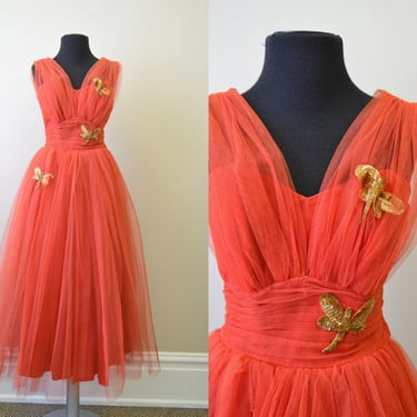 Late 40s/Early 50s Fred Perlberg Red Tulle Dress with Dragonfly Appliques 