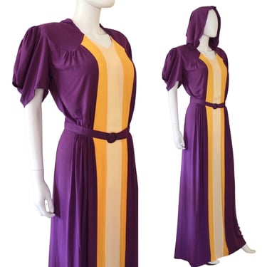 EXCLUSIVE Early 1940's Inspired Rayon Color Block Hooded Gown - 1940s Purple Color Block Dress - 1940s Hooded Dress -  | Size Medium 
