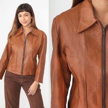 70s Leather Jacket Moto Brown Coat Boho Hippie 1970s Vintage Hipster Zip Up Motorcycle Jacket Collared Formula Sports Small 