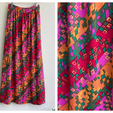 Virtual Garage Sale 60s Printed Skirt / Resort Wear De Stefanis Maxi Skirt / Knit Skirt /Summer Autumnal Fully Lined Long Skirt / Boho Skirt 