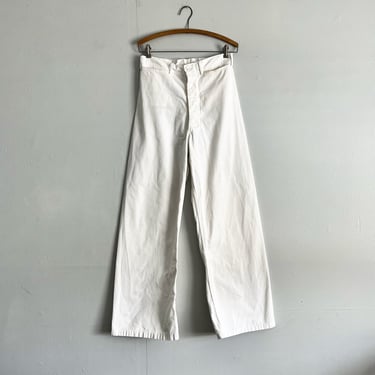 Vintage 50s 60s USN White Dungarees Flare Bell Bottom Button Fly High Waisted Size 27/28 waist 