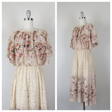 Vintage 1970s floral dress, border print, blouson, feminine, sheer, size xs 