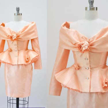 Vintage 80s 90s Ruffle Jacket Skirt Suit Stepfania Gracile Lillie Rubin// 80s 90s Party Cocktail Peach Pink Silk Suit Wedding Suit Small 