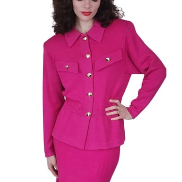 Vintage 80s St John Knit Skirt Suit Hot Pink Fuschia Santana Wool Blend 