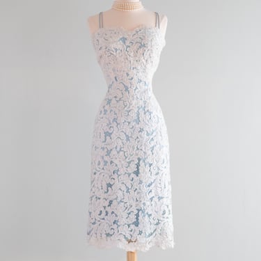 Stunning 1950's Ivory Soutache Lace Wiggle Dress With Blue Lining / SM