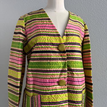 Vintage 60s Mod Bright Psychadelic Striped Neon Quilted Dress/Housecoat Cocoon Jacket Bold Buttons; 70s Bright Embossed Longline Duster Robe 