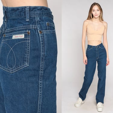 80s Calvin Klein Jeans Straight Leg Jeans High Waisted Rise Jeans Retro Dark Wash Denim Pants Blue Relaxed Vintage 1980s Extra Small xs 25 