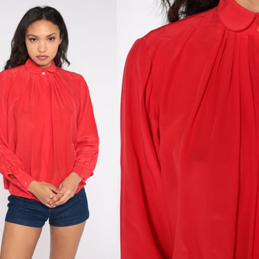 Red Silk Shirt Peter Pan Collar Top Button Up Shirt 80s Shirt Formal Party Blouse Long Sleeve Blouse Button Up Top Vintage Retro Tent Small 