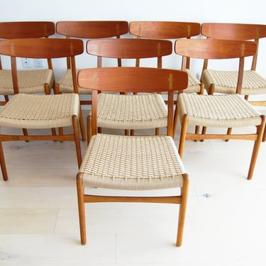 Set of 8 Danish Modern Hans Wegner Teak and Oak Dining Chair Ch-23 Carl Hansen and Son with New Paper Cord Seat 