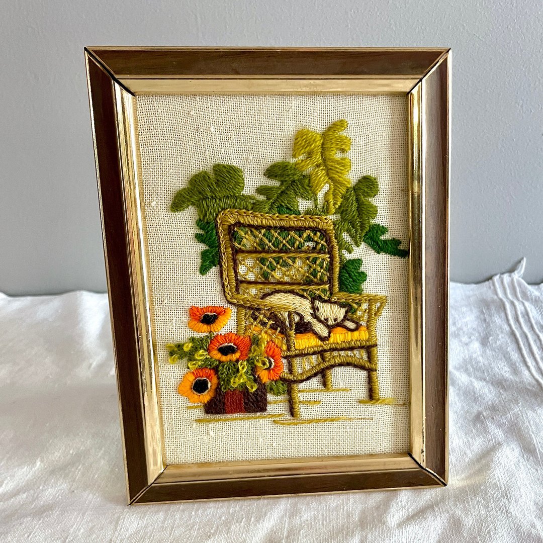 VTG 1970’s Framed Crewel Embroidery Wall Art Peacock Chair Cat & factory House Plants