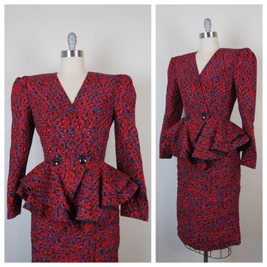 Vintage 1980s silk skirt suit peplum statement cocktail evening 80s power suit 