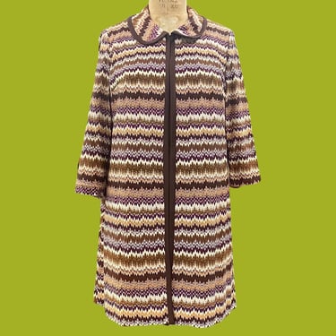 Vintage Missoni Style Jacket Retro 1970s Mid Century Modern + No Size + Neutral/Brown/Beige Colors + Zigzag Pattern + L/S + Peter Pan Collar 