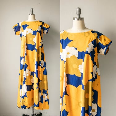 1970s Dress Cotton Maxi Hawaiian Shift M 